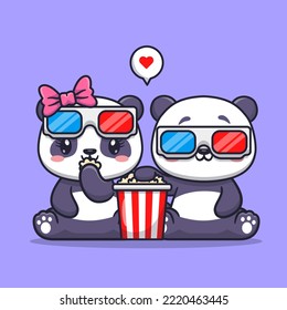 Cute Pareja Panda Ver Ilustración De Icono De Vector De Cine Y De Caza De Cachorro. Vector Premium Aislado De Icono De Alimentos Animales. Estilo de dibujo plano