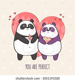 Cute couple of pandas in love. Happy Valentines Day card with panda bears.