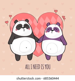 Cute couple of pandas in love. Happy Valentines Day card with panda bears.