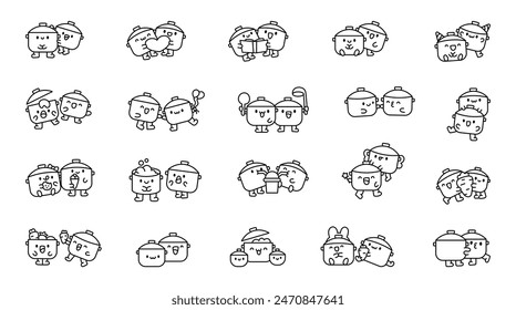 Cute couple of pans. Coloring Page. Funny kitchen utensils. Hand drawn style. Vector drawing. Collection of design elements.