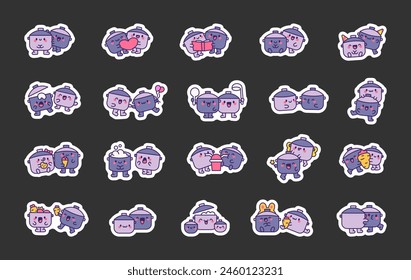 Cute couple of pans. Sticker Bookmark. Funny kitchen utensils. Hand drawn style. Vector drawing. Collection of design elements.