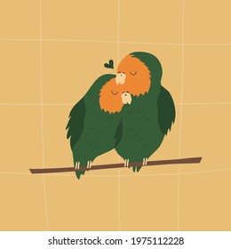 Cute couple of parrots. Parrots lovebirds. Tropical birds vector illustration. Love card.