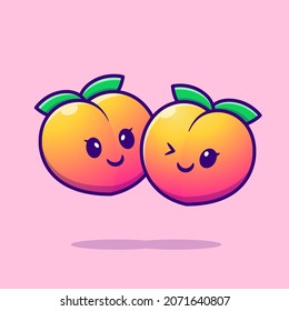 Cute Couple Peach Fruit Cartoon Vector Icon Illustration. Food Nature Icon Concept Isolated Premium Vector. Flat Cartoon Style