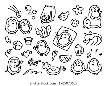 Cute couple penguin and animal hand drawn doodle vector collection. Cute sign for children, fabric, valentine and print design element.