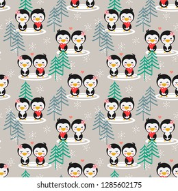 Cute couple penguin in winter season seamless pattern.