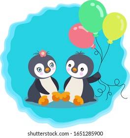 Cute couple of penguins with balloons
