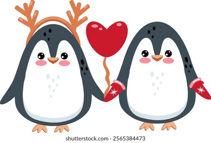 Cute couple of penguins characters in love. Valentine day concept.