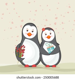 Cute couple of penguins holding gift and red roses on hearts decorated background for Happy Valentine's Day celebration.