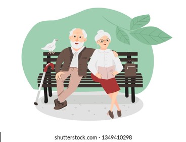 A cute couple of pensioners sitting on a bench in the Park. An elderly man with a gray beard and a wand hugs his elderly wife who is reading a book. Vector illustration.