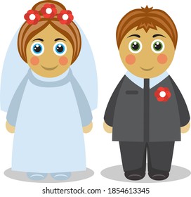 Cute couple of people in suits of bride and groom stand and celebrate wedding
