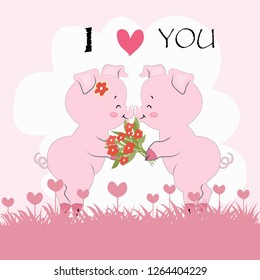 cute couple pig are kissing in pink garden with pink heart flower and grass, valentine's day card cartoon,illustration vector comic art.