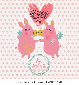 Cute couple of pigs angels with flowers in childish vector card. Romantic Valentines day background in pink colors. Stylish holiday card 