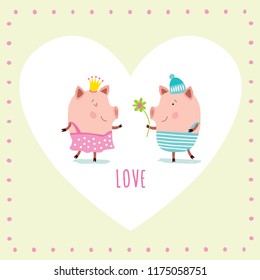 Cute couple of pigs with flowers in childish vector card. Romantic Valentines day background in pastel colors. Stylish holiday card.
