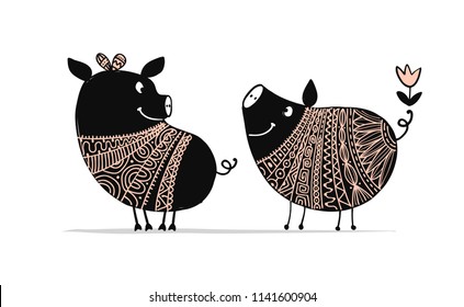 Cute couple of pigs, symbol of 2019 for your design