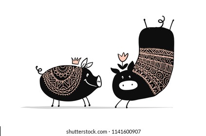 Cute couple of pigs, symbol of 2019 for your design
