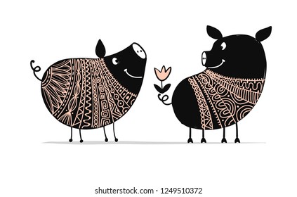 Cute couple of pigs, symbol of 2019 for your design