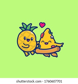 Cute Couple Pineapple And Pizza Cartoon Vector Icon Illustration. Food Icon Concept Isolated Premium Vector. Flat Cartoon Style