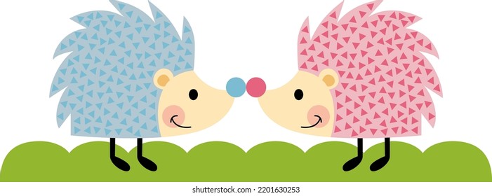 Cute couple of pink and blue hedgehog

