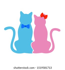 cute couple pink cat with red batik and blue cat with blue butterfly on a white background