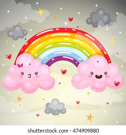 Cute couple pink clouds and a rainbow, vector.