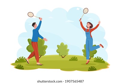 Cute couple is playing badminton in a city park. Male and female characters enjoy open air game and active rest outdors. Cheerful people in colorful clothes in park. Flat cartoon vector illustration