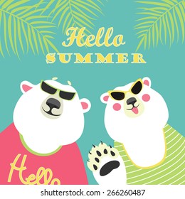 Cute couple of polar bears. Hello summer.Vector illustration