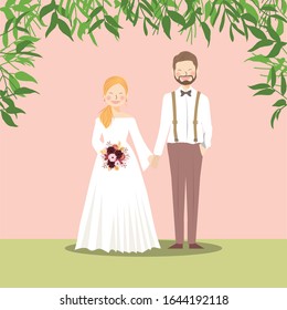 Cute Couple Portrait Illustration in retro and rustic theme under foliage