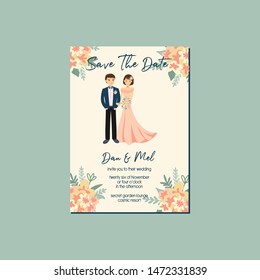 Cute Couple Portrait Illustration Wedding Invitation Save the Date Template