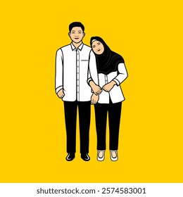 cute couple posing standing woman leaning on man's shoulder facing front vector illustration