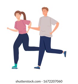 cute couple practicing exercise avatar characters vector illustration design