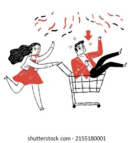 The cute couple pretty woman take boyfriend down to the cart, Hand drawn Vector Illustration doodle style.