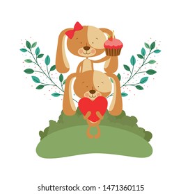 cute couple of puppies with landscape background