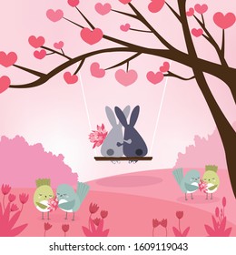 Cute a couple rabbit and bird in pink forest cartoon. illustration vector doodle comic art for any card.