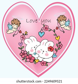 Cute a couple rabbit bunny sweet in pink heart 