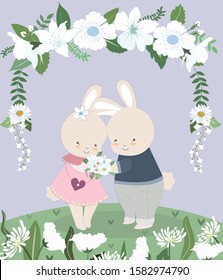 Cute a couple rabbit bunny in white flower garden,illustration vector doodle comic art.
