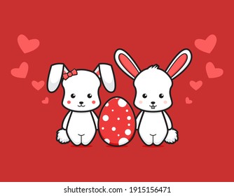Cute couple rabbit with egg lovely cartoon vector icon illustration. Easter day icon concept isolated vector. Flat cartoon style