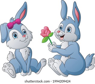 Cute a couple rabbit gives his beloved flower