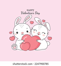 Un conejo de pareja lindo sosteniendo un gran corazón. Diseño de caricaturas para el Día de San Valentín.
