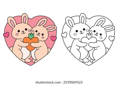 A cute couple of rabbit hugging feeling in love illustration vector. Valentine Day greeting cute elements for card, poster, invitation. Couple hug coloring page for valentine day theme printable.