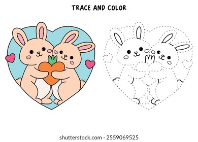 A cute couple of rabbit hugging feeling in love illustration vector. Valentine Day greeting cute elements for card, poster, invitation. Couple hug coloring page for valentine day theme printable.