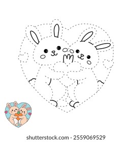 A cute couple of rabbit hugging feeling in love illustration vector. Valentine Day greeting cute elements for card, poster, invitation. Couple hug coloring page for valentine day theme printable.