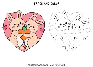 A cute couple of rabbit hugging feeling in love illustration vector. Valentine Day greeting cute elements for card, poster, invitation. Couple hug coloring page for valentine day theme printable.