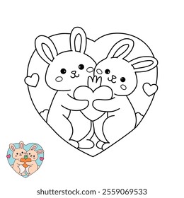 A cute couple of rabbit hugging feeling in love illustration vector. Valentine Day greeting cute elements for card, poster, invitation. Couple hug coloring page for valentine day theme printable.