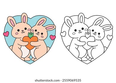 A cute couple of rabbit hugging feeling in love illustration vector. Valentine Day greeting cute elements for card, poster, invitation. Couple hug coloring page for valentine day theme printable.