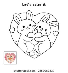 A cute couple of rabbit hugging feeling in love illustration vector. Valentine Day greeting cute elements for card, poster, invitation. Couple hug coloring page for valentine day theme printable.