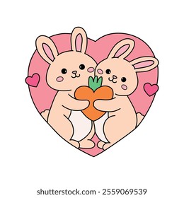 A cute couple of rabbit hugging feeling in love illustration vector. Valentine Day greeting cute elements for card, poster, invitation. Couple hug coloring page for valentine day theme printable.