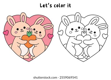 A cute couple of rabbit hugging feeling in love illustration vector. Valentine Day greeting cute elements for card, poster, invitation. Couple hug coloring page for valentine day theme printable.