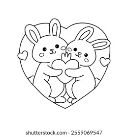 A cute couple of rabbit hugging feeling in love illustration vector. Valentine Day greeting cute elements for card, poster, invitation. Couple hug coloring page for valentine day theme printable.