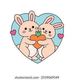 A cute couple of rabbit hugging feeling in love illustration vector. Valentine Day greeting cute elements for card, poster, invitation. Couple hug coloring page for valentine day theme printable.