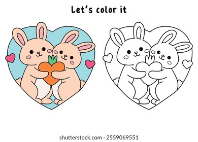 A cute couple of rabbit hugging feeling in love illustration vector. Valentine Day greeting cute elements for card, poster, invitation. Couple hug coloring page for valentine day theme printable.